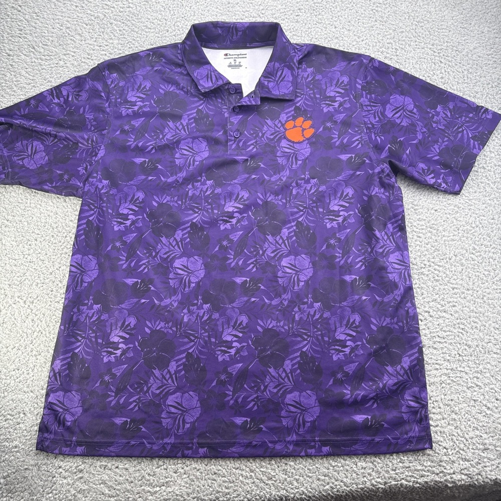 Clemson Tigers Polo Shirt Mens XL Purple Floral Champion NCAA Football Paw Logo